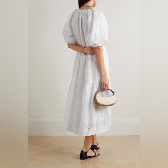 Frame Broderie Anglaise Ramie Puff Sleeve Midi Eyelet Dress in White - Picture 2 of 16